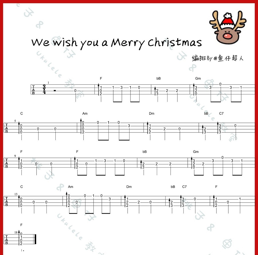 圣诞歌曲《We Wish You A Merry Christmas 指弹 》尤克里里谱-Ukulele Music Score