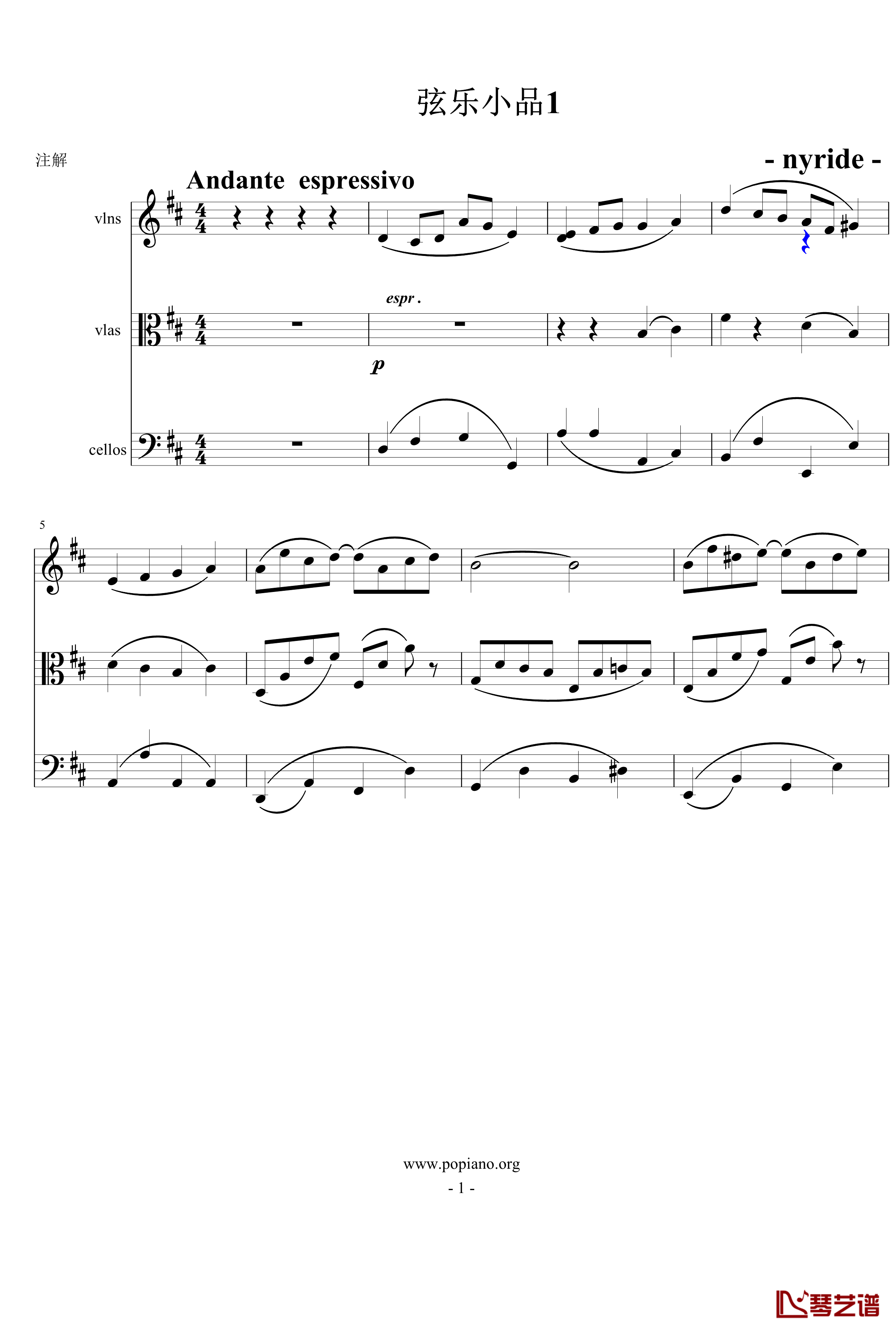 弦乐小品钢琴谱-nyride-D大调