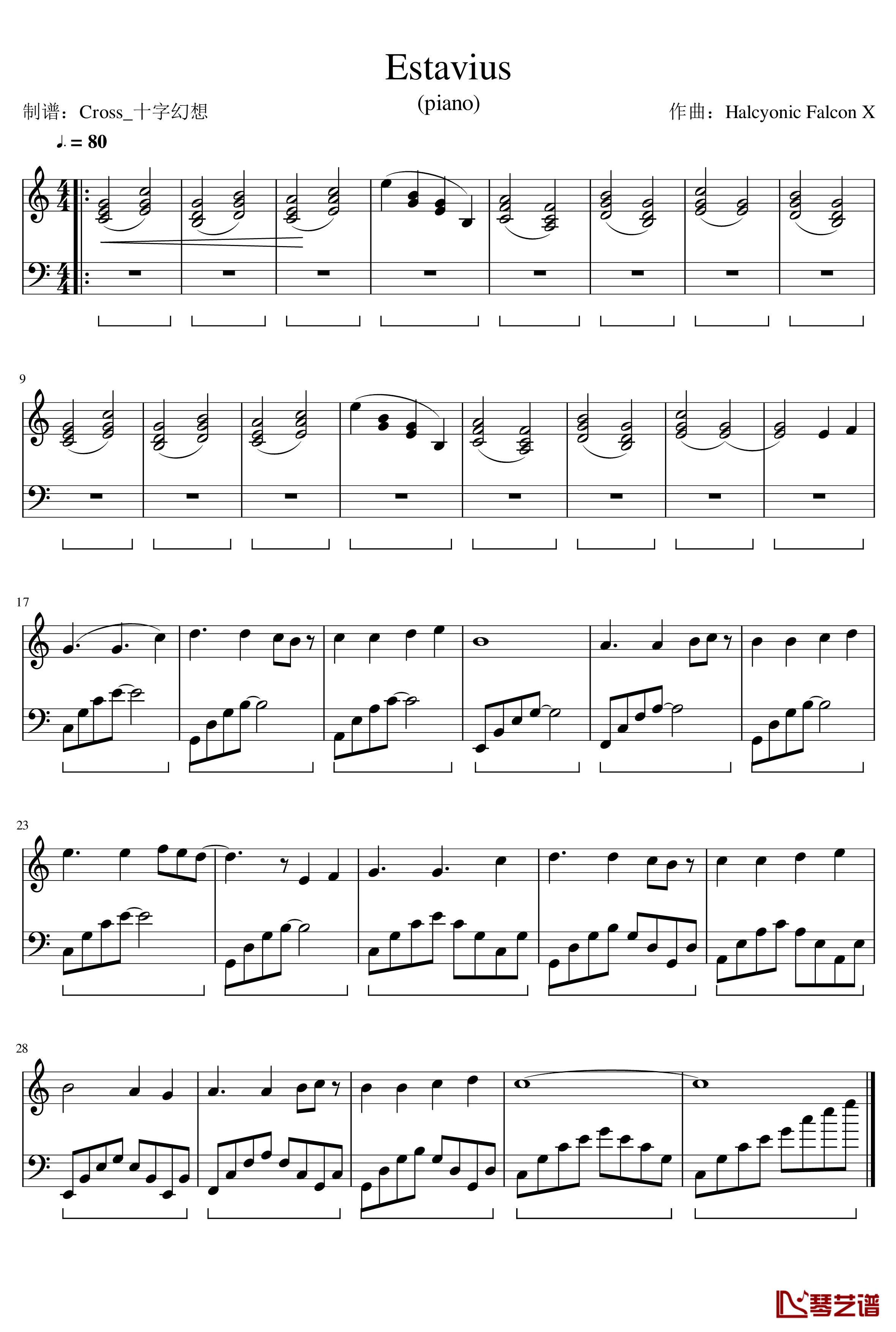 Estavius钢琴谱-piano-史诗幻想-游戏《史诗幻想》配乐