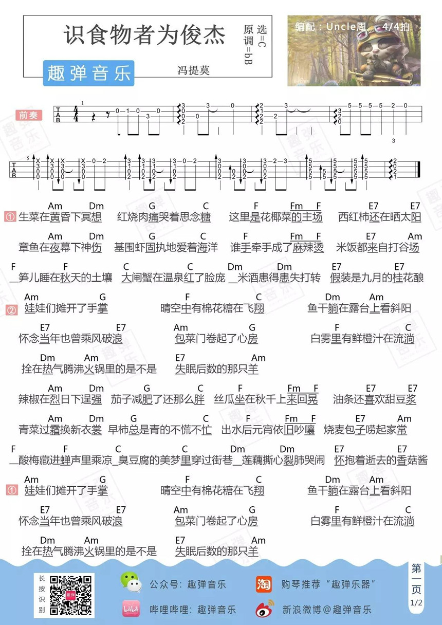 冯提莫《识食物者为俊杰》尤克里里谱-Ukulele Music Score