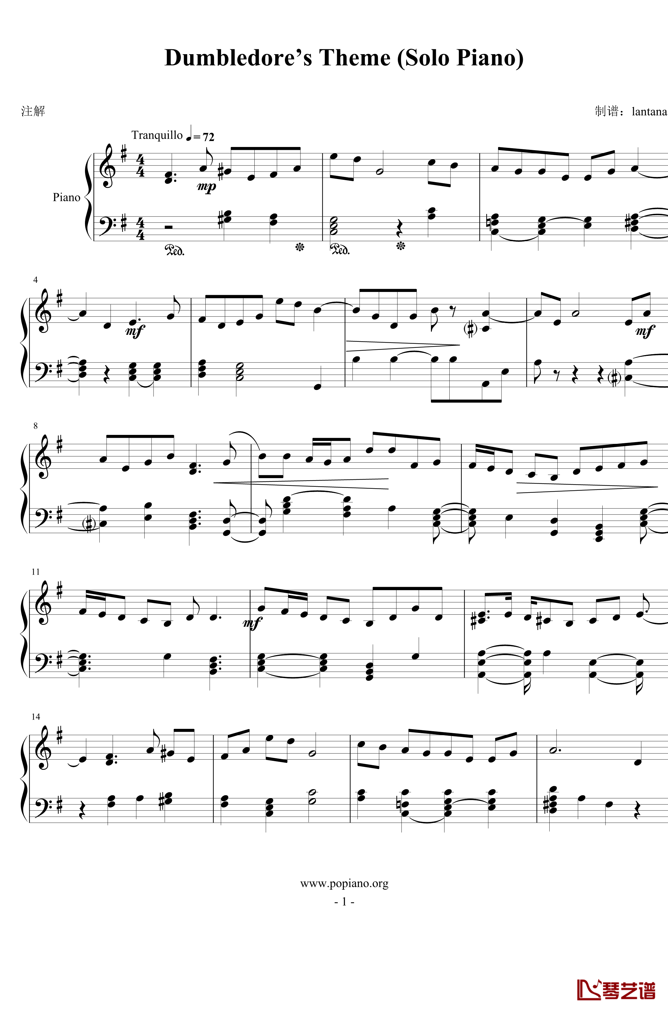 Dumbledore’s Theme钢琴谱-Solo Piano-harrypotter