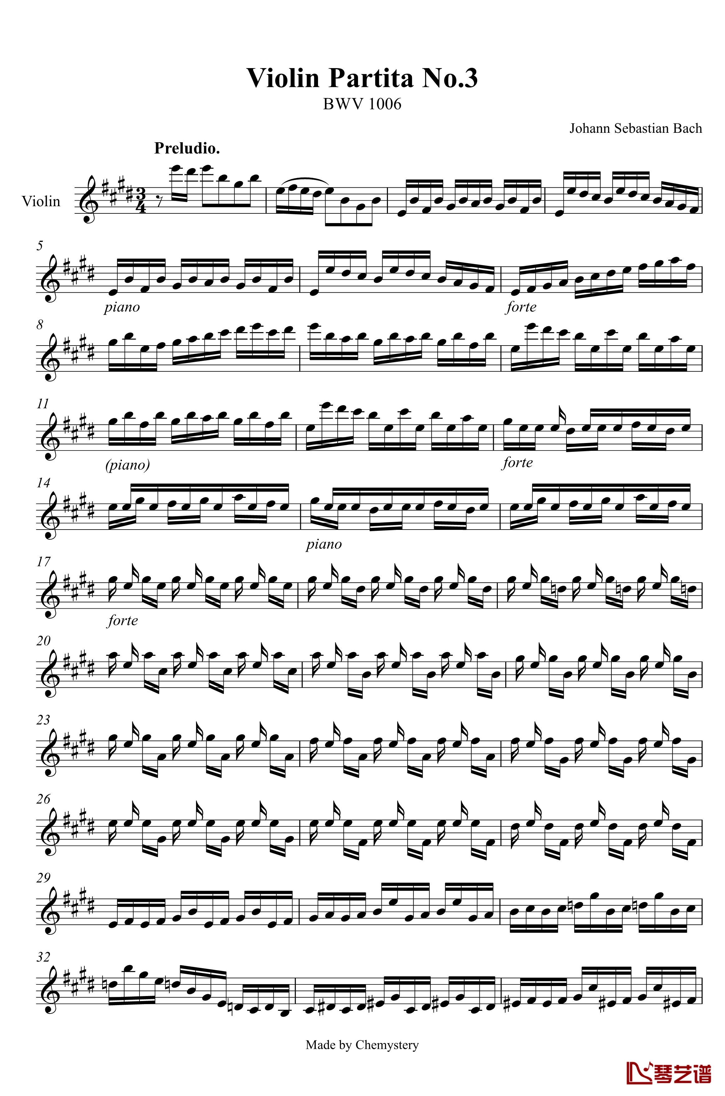 第3号无伴奏小提琴组曲钢琴谱-前奏曲-巴赫