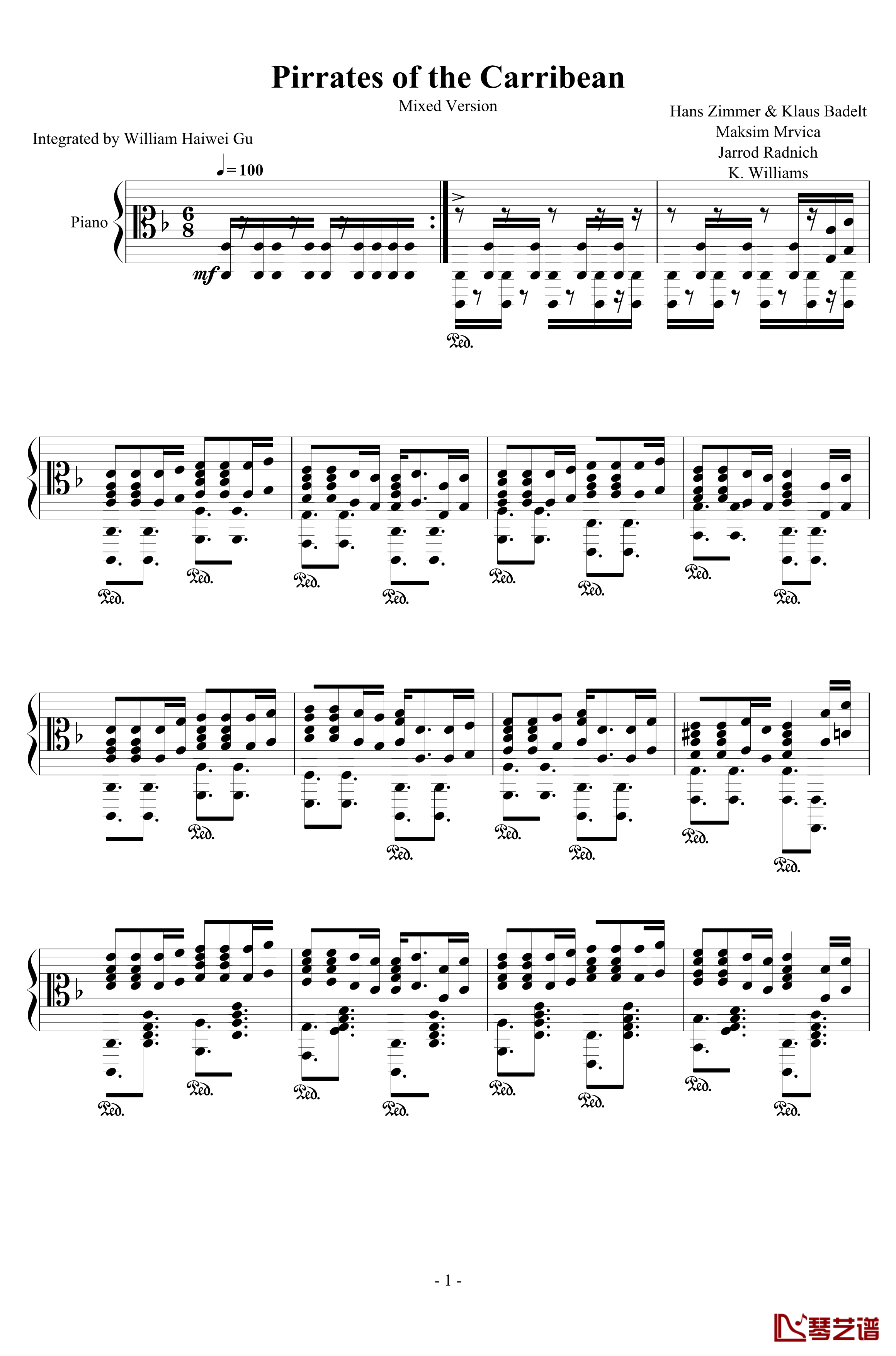 加勒比海盗钢琴谱-混合版-Hans Zimmer