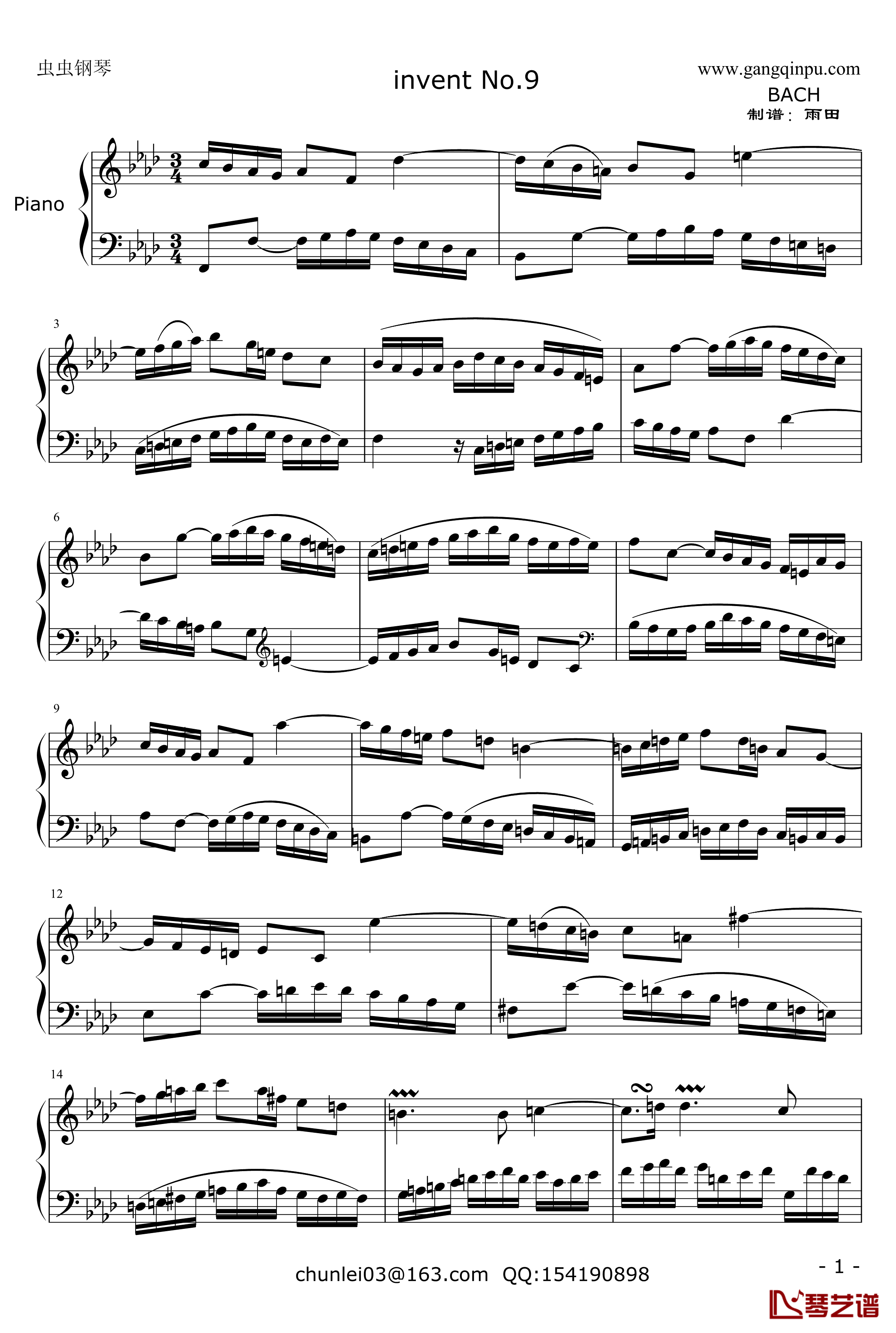 二部创意NO.9 钢琴谱-巴赫-P.E.Bach-第九首