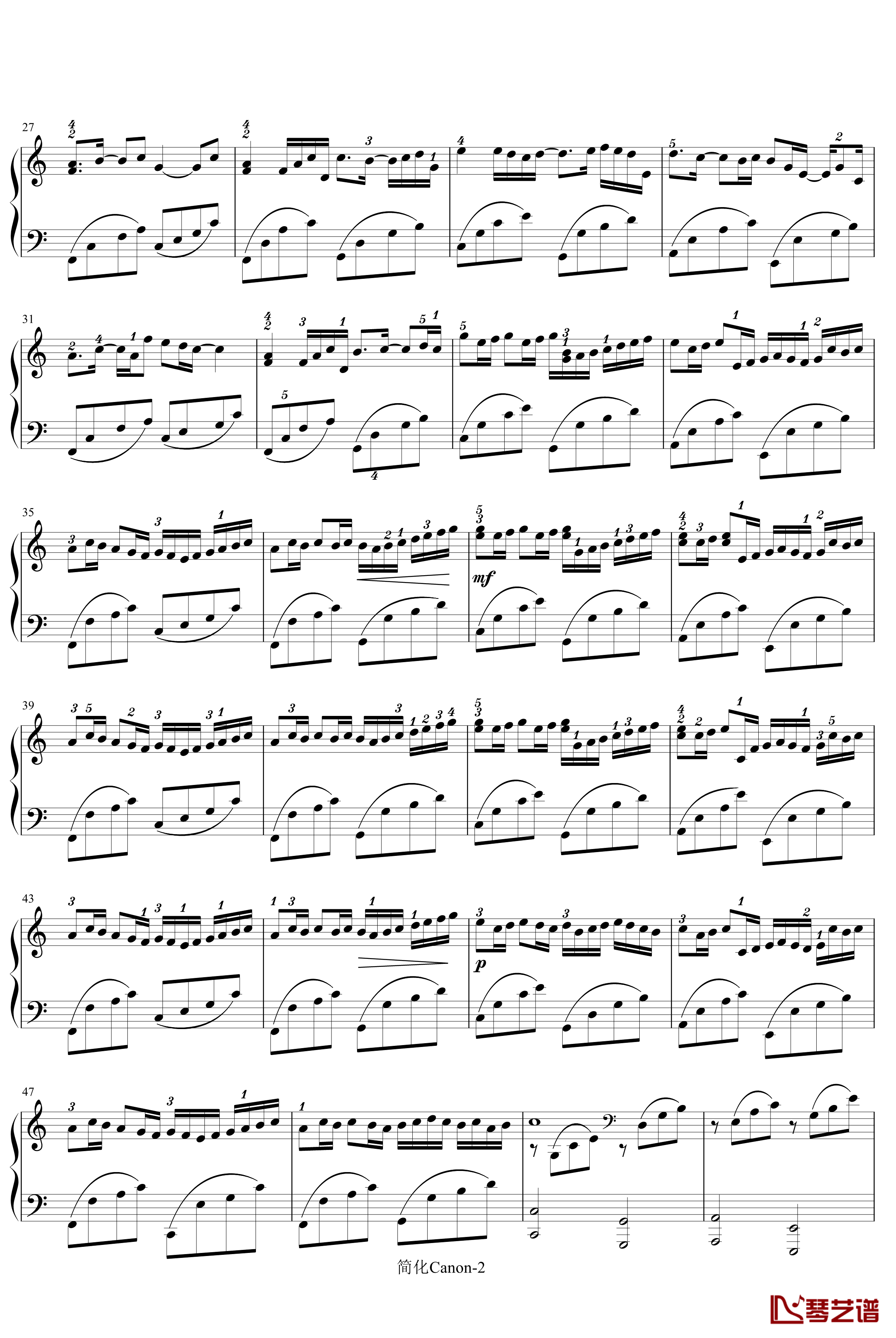 卡农-寒风钢琴谱-简化版-帕赫贝尔-Pachelbel