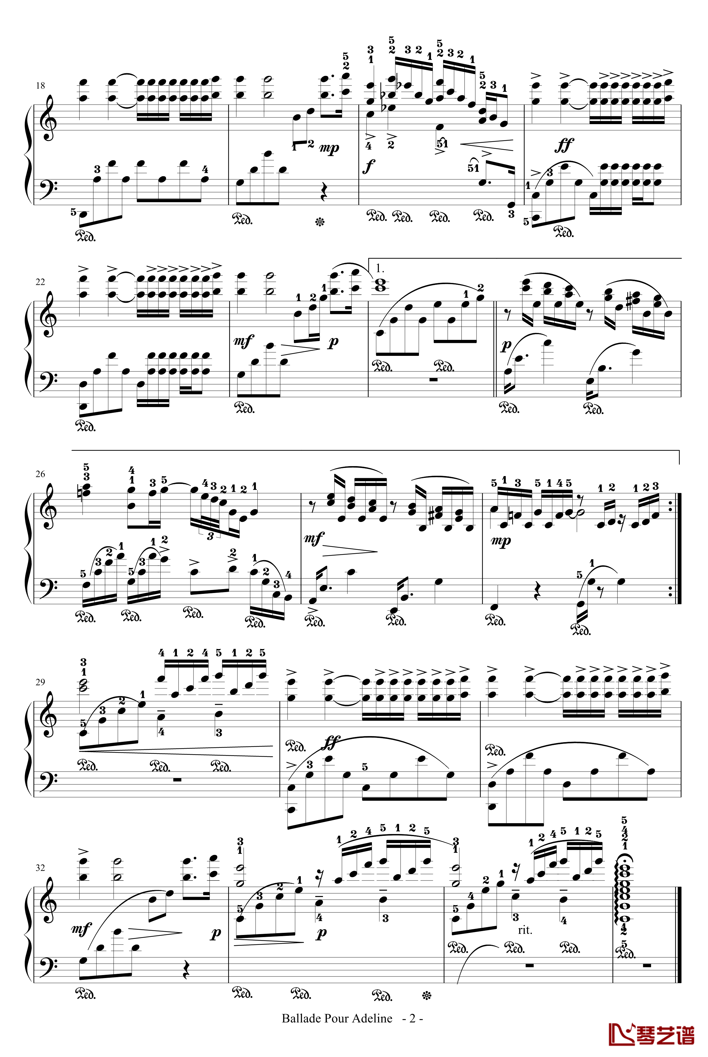 水边的阿蒂丽娜钢琴谱-带指法-适度简化-塞内维尔