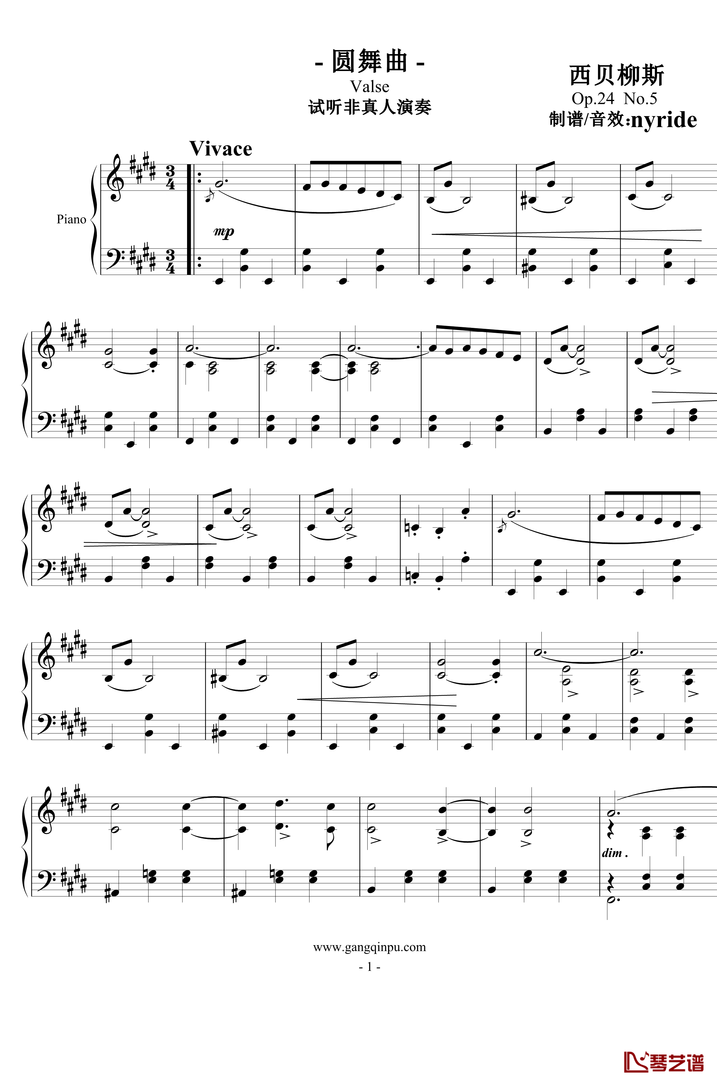 圆舞曲钢琴谱-Op.24  No.5-西贝柳斯
