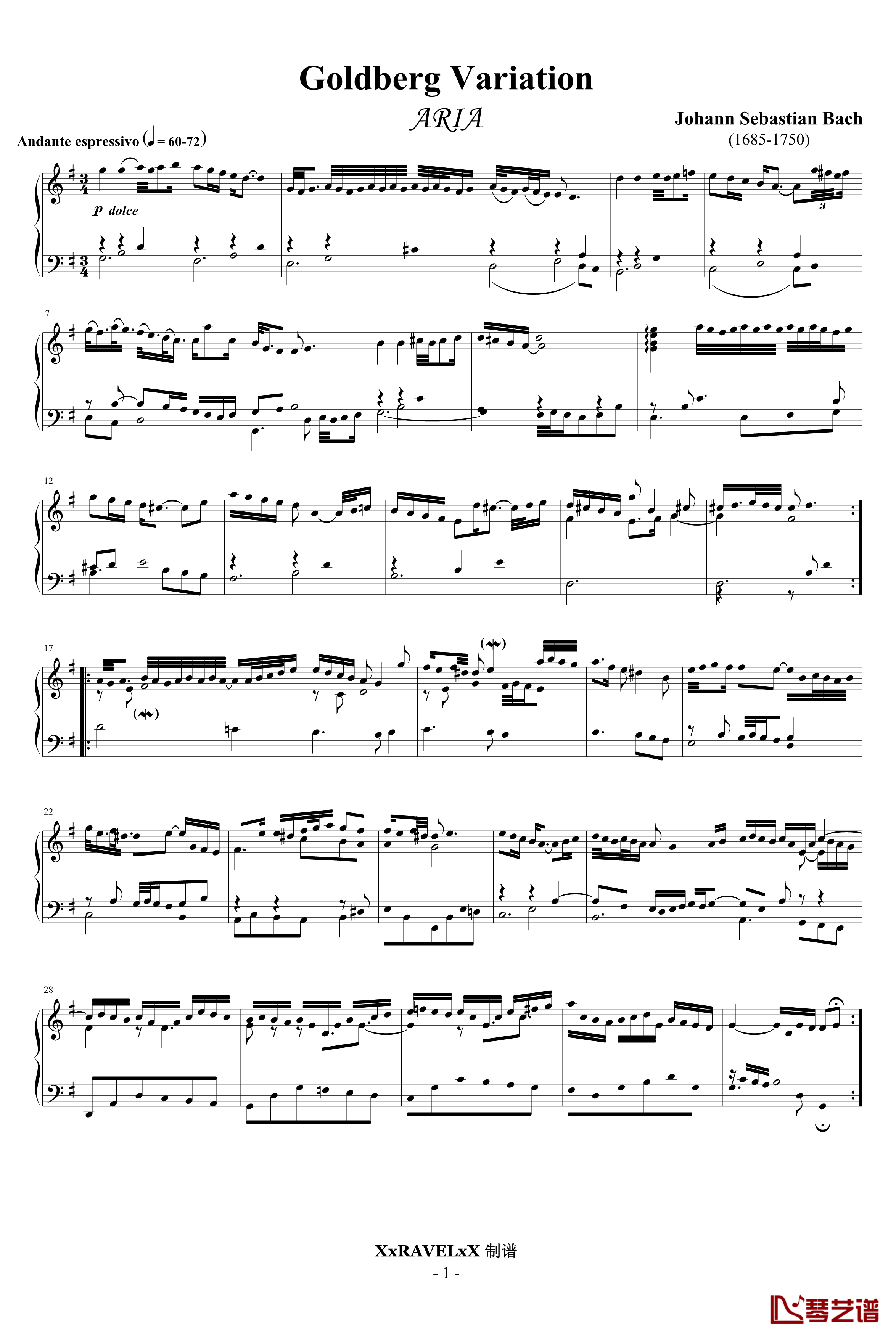 哥德堡变奏曲钢琴谱-ARIA-主题-巴赫-P.E.Bach