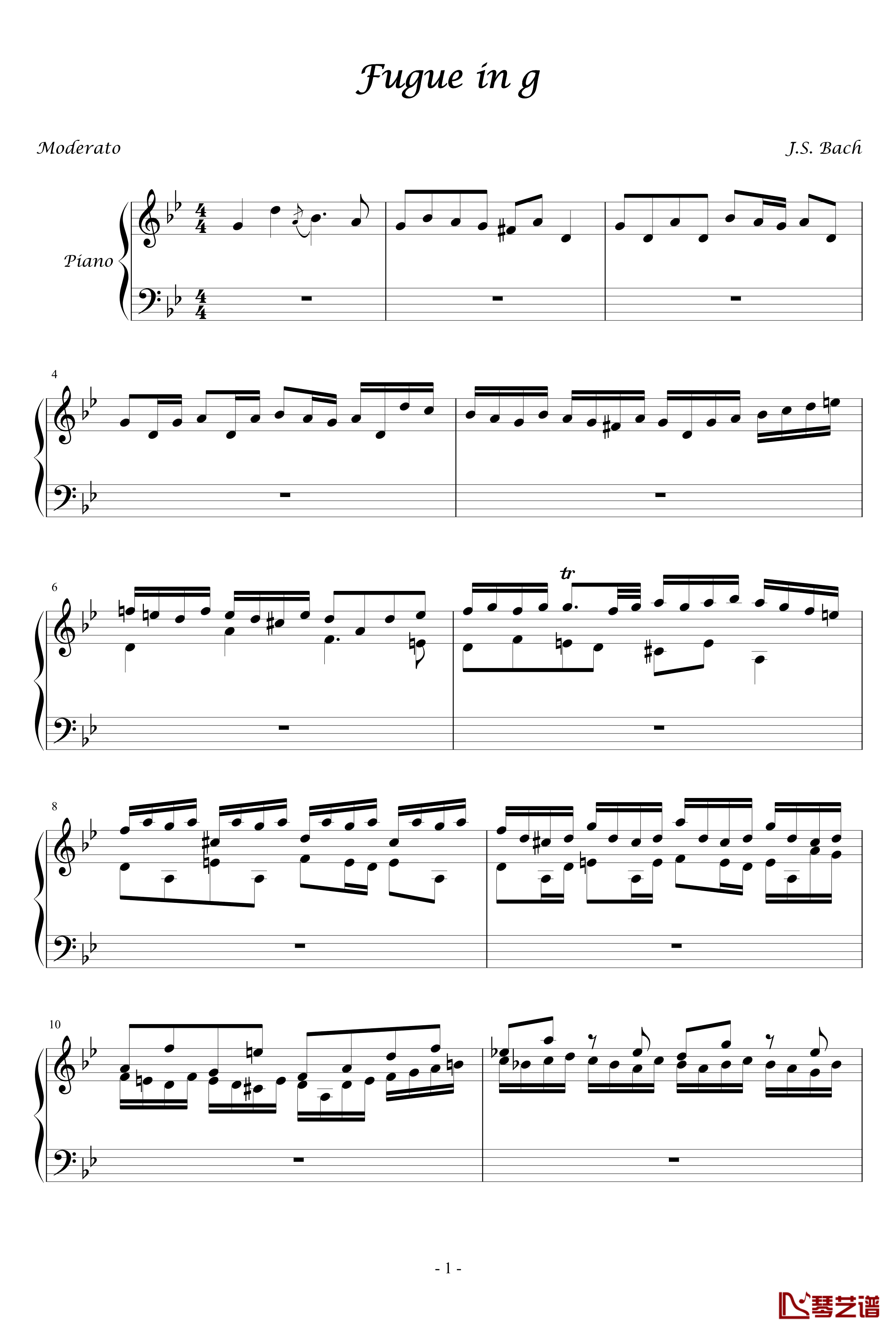 G小调赋格钢琴谱-J.S.巴赫