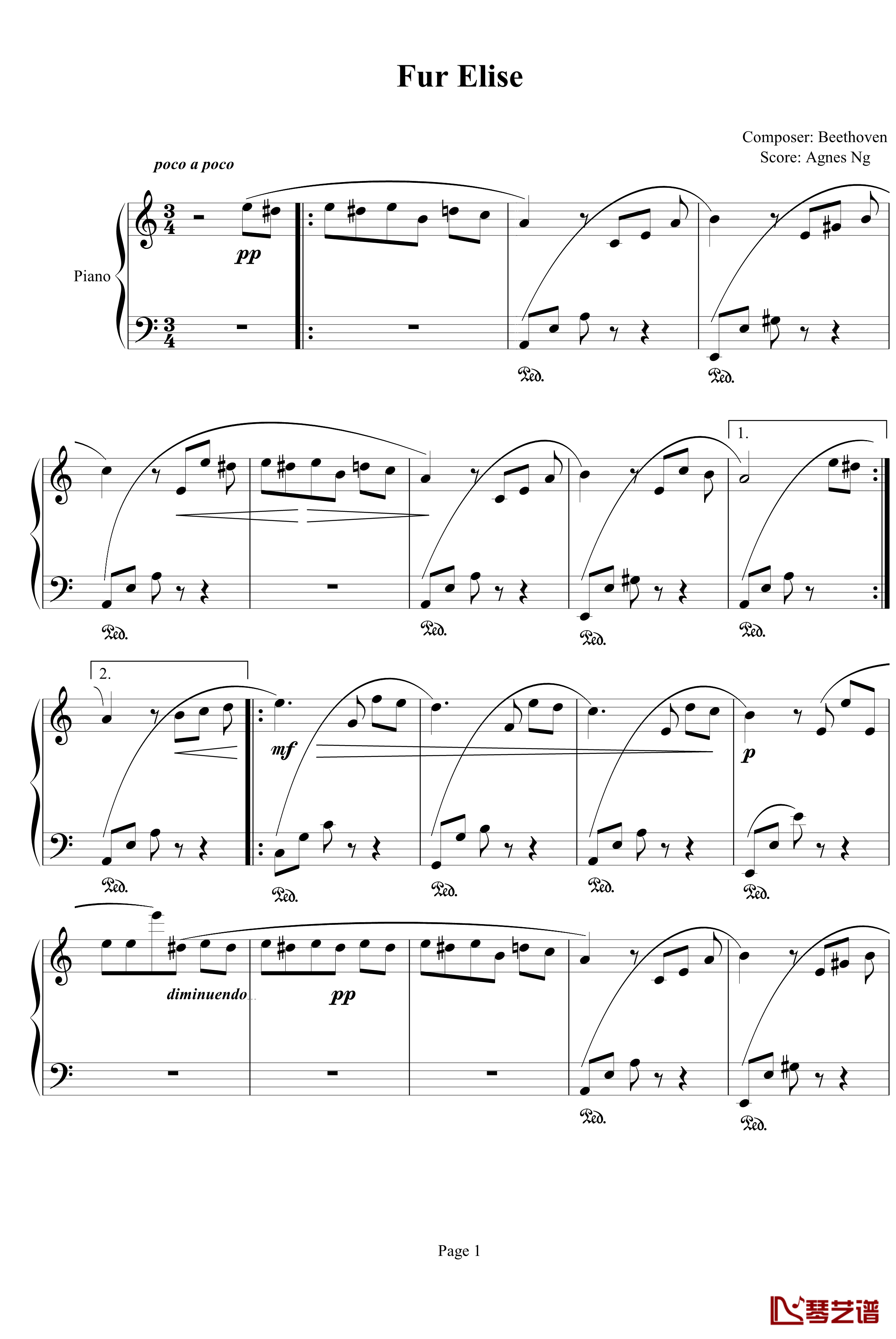 Fur Elise钢琴谱-agnesng版-贝多芬-beethoven