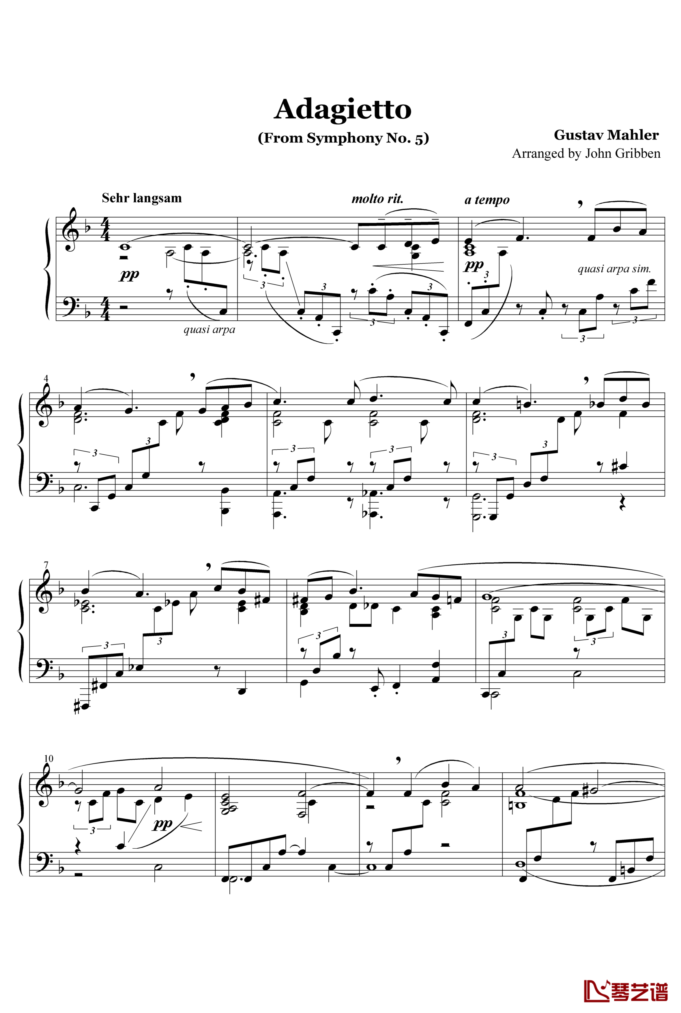 升c小调第五交响曲钢琴谱-第四乐章-小柔板-马勒-Z.D.Lin