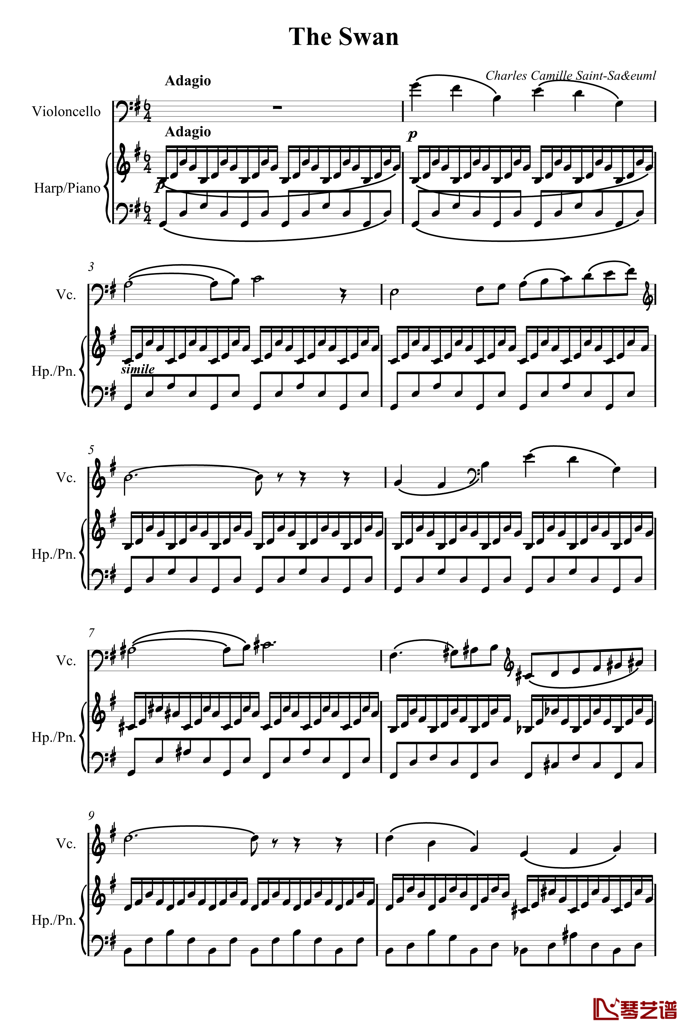 天鹅钢琴谱-圣桑-大提琴