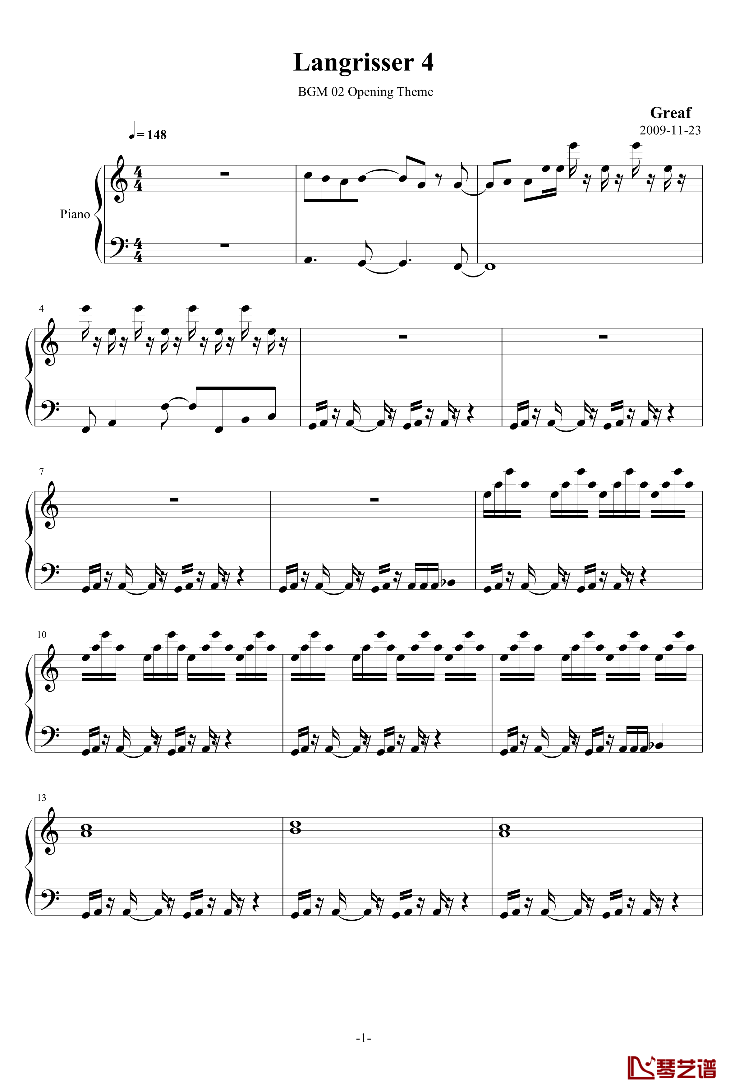 Langrisser 4 BGM 02 Opening Theme钢琴谱-游戏-梦幻模拟战