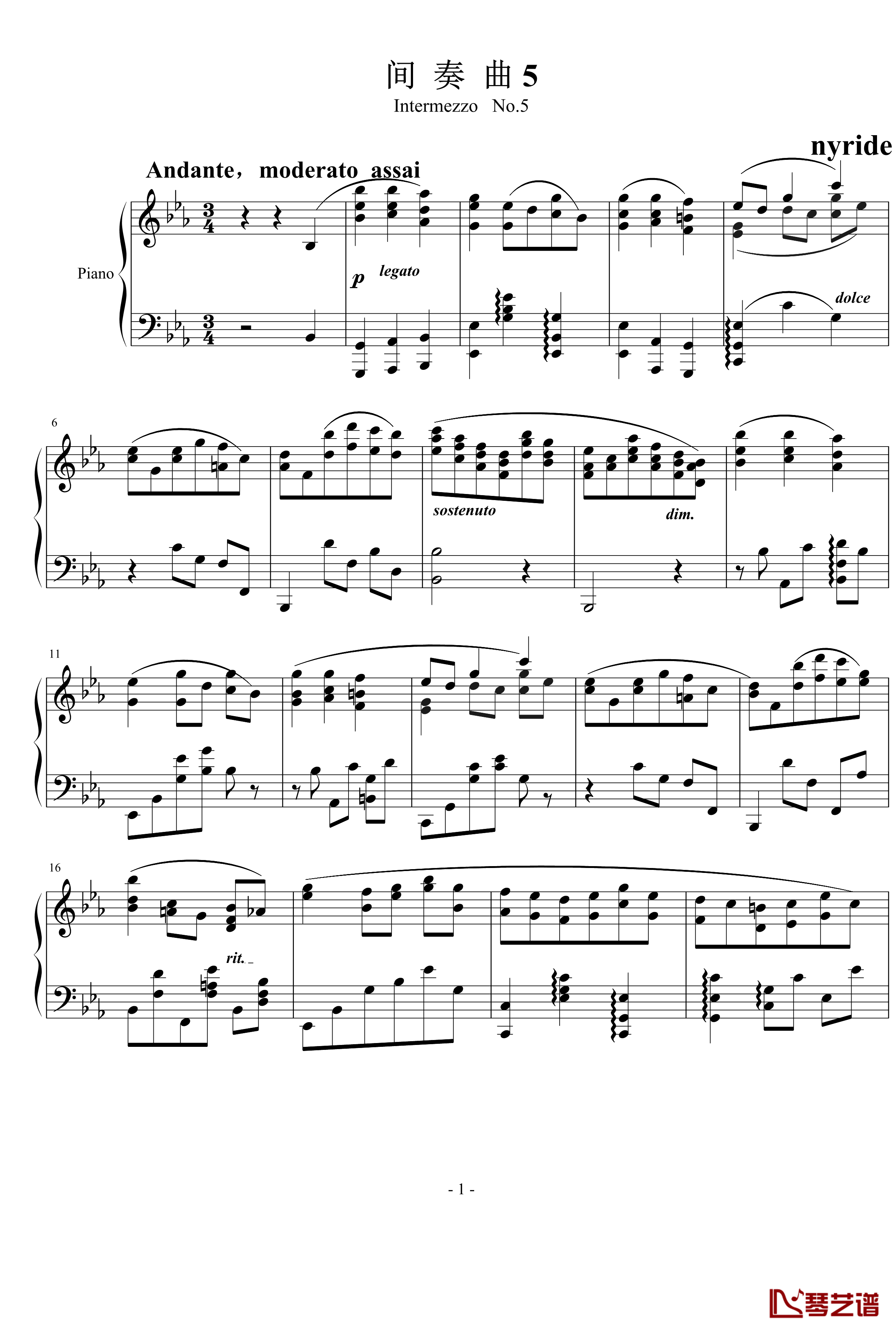 间奏曲5钢琴谱-nyride