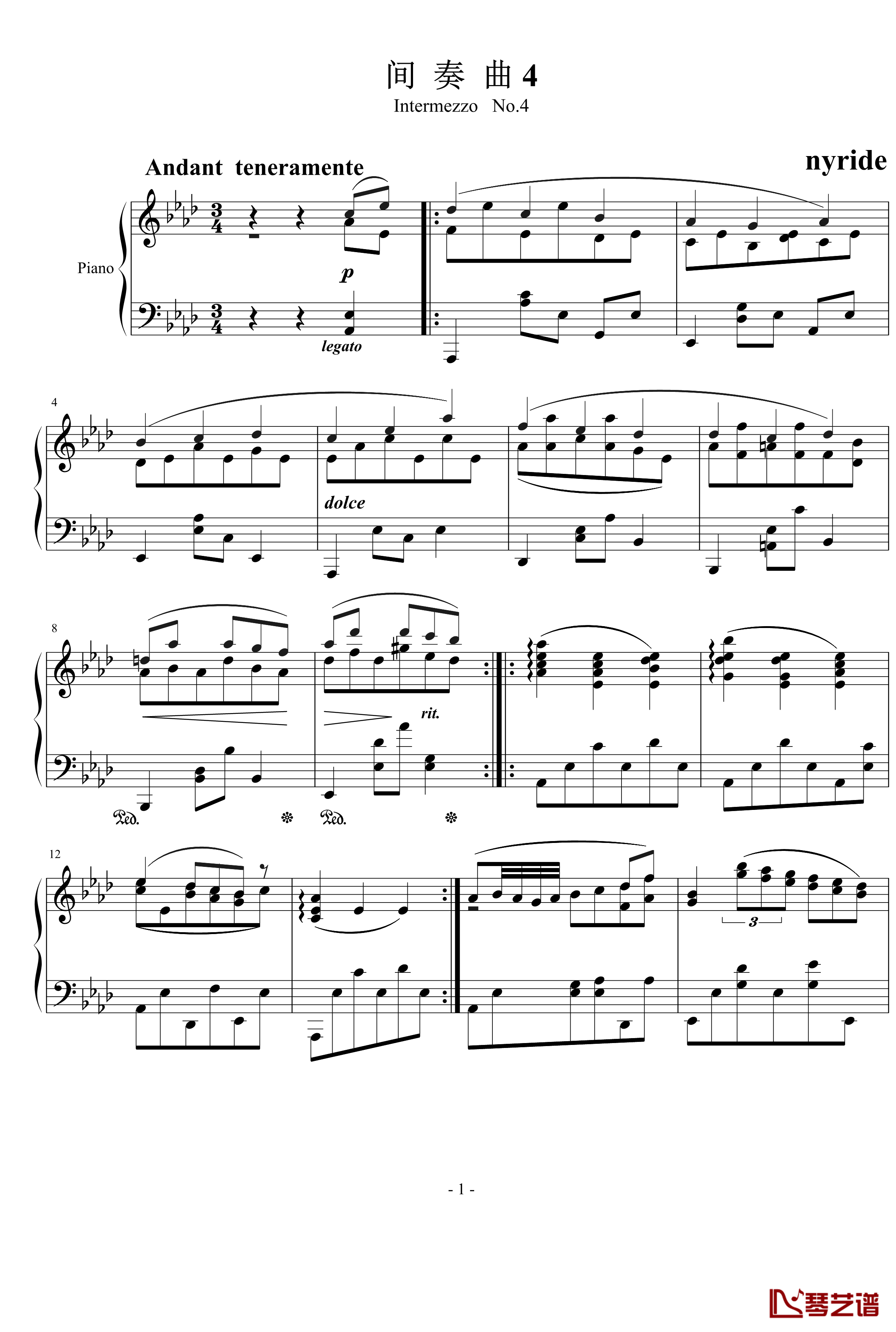 间奏曲4钢琴谱-nyride