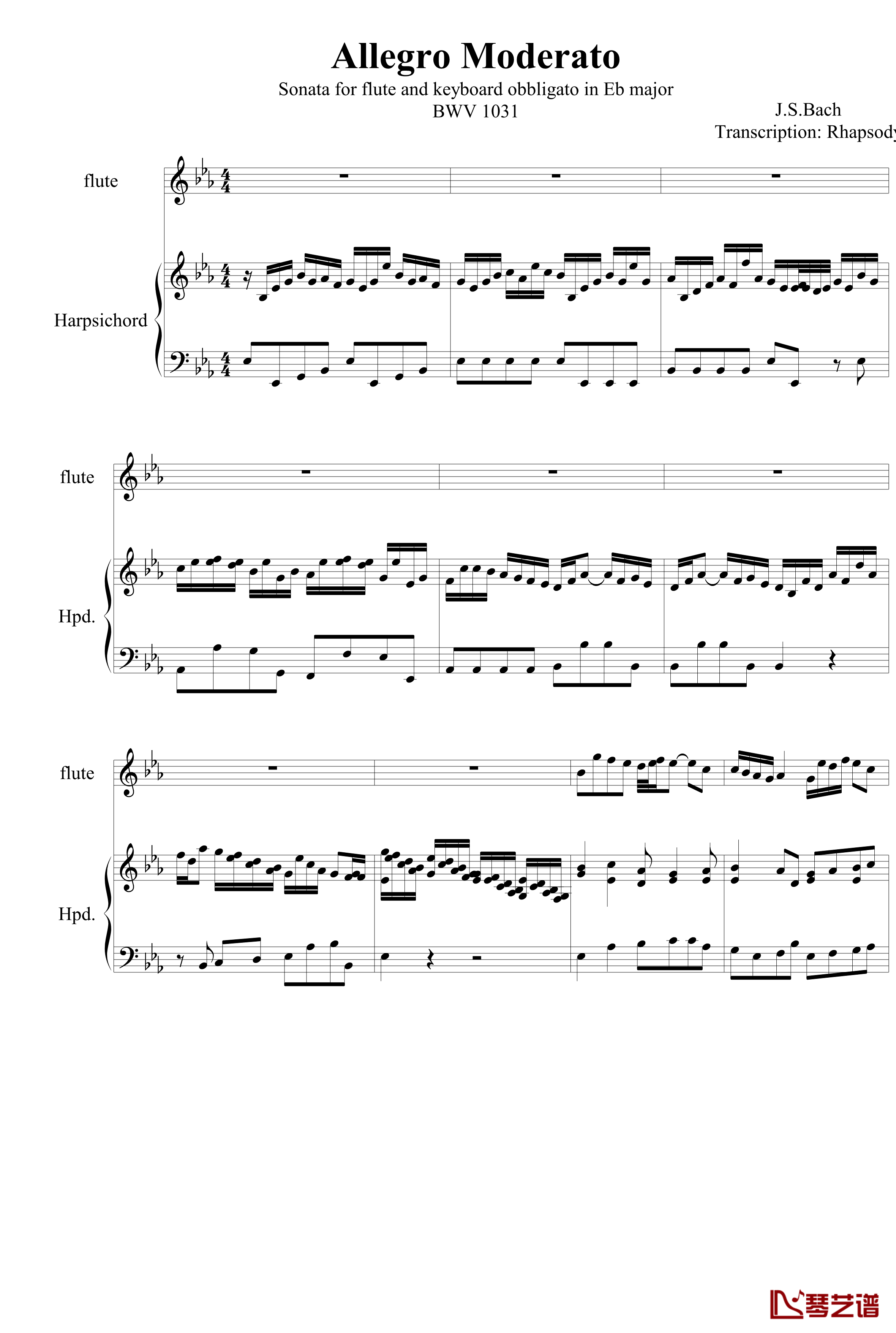 羽管键琴协奏曲BWV1031第一乐章钢琴谱-巴赫-P.E.Bach