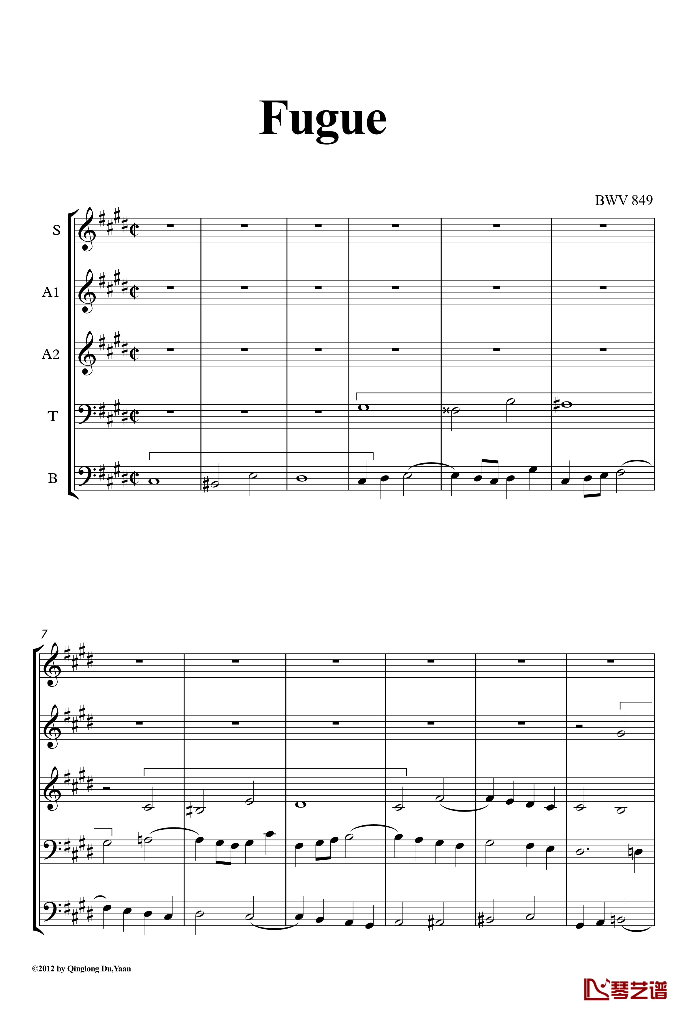 c小调赋格声部分析谱钢琴谱-选自巴赫平均律第一册-巴赫